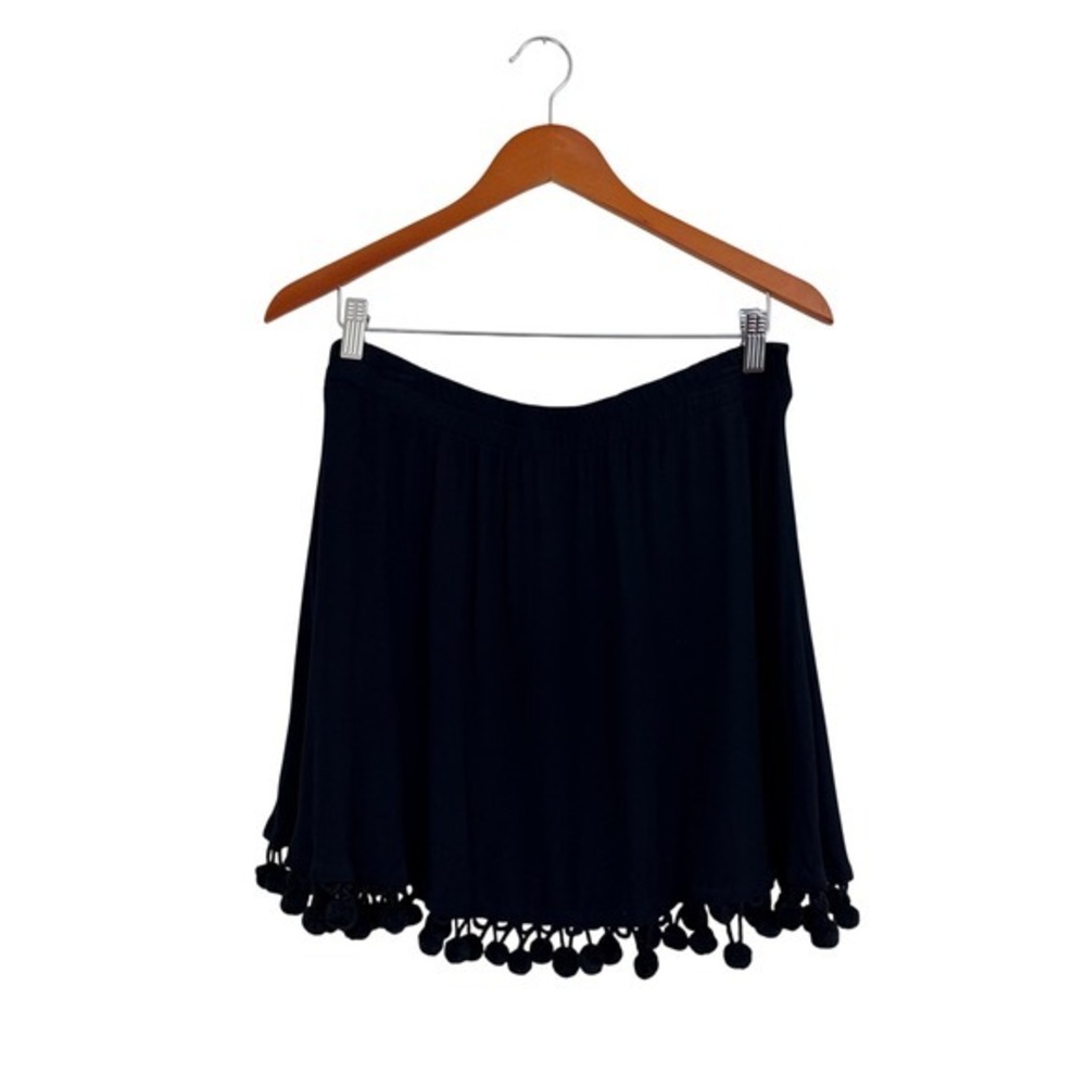 Cousin Earl Women's S‎ Black Gauze A-Line Skirt Pom-Pom Trim Casual Summer Beach